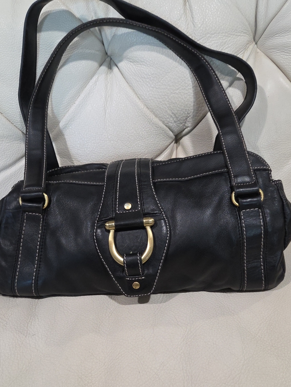 Black Leather Shoulder Bag with Gold Buckle Accent